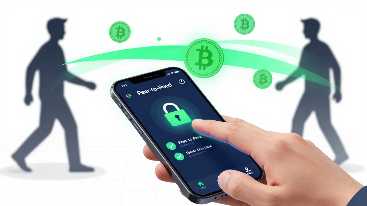 Manga illustration of secure P2P crypto trading on a smartphone