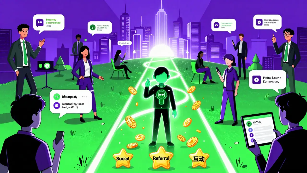 Manga illustration of user earning points through social tasks and referrals