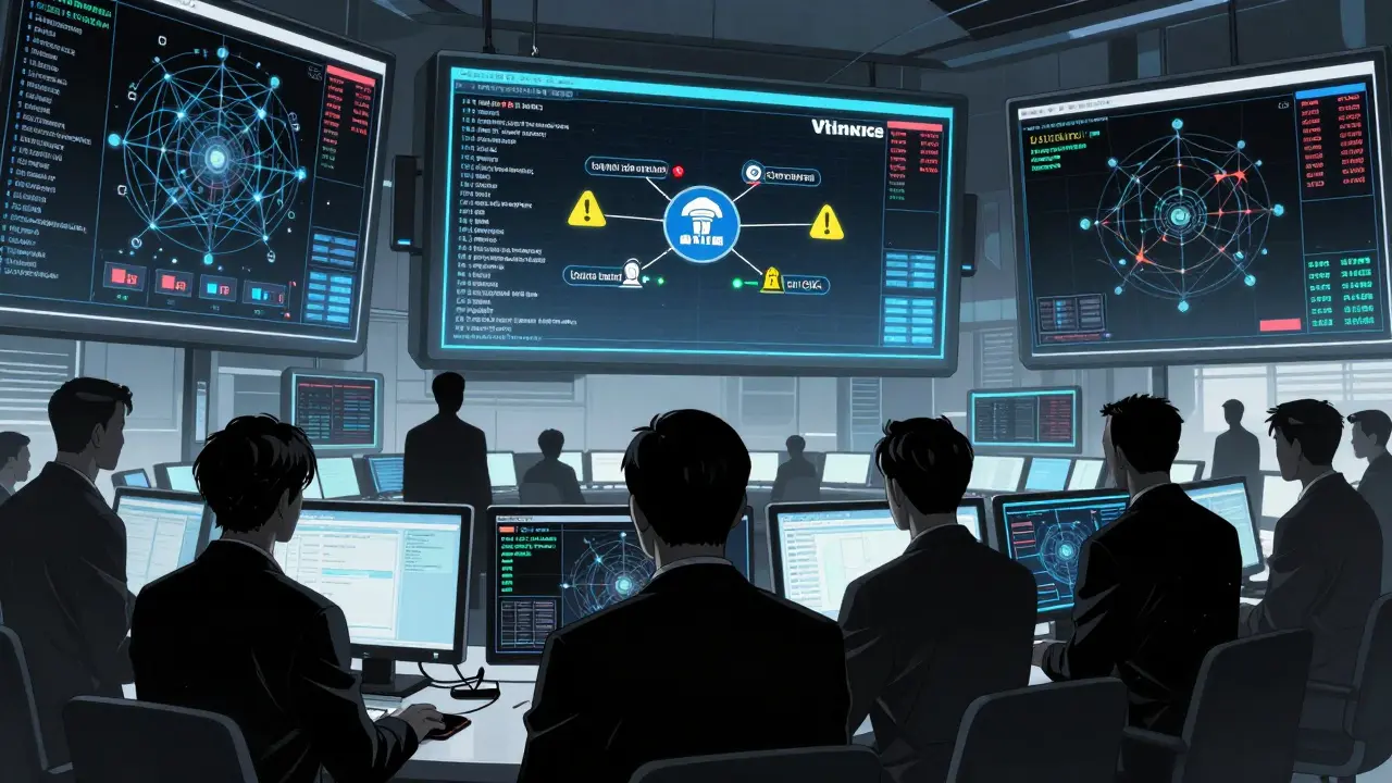 Manga style surveillance room monitoring crypto transaction alerts