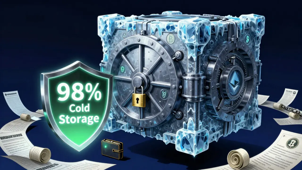 Manga style vault symbolizing secure cold storage for crypto assets with icy barriers.