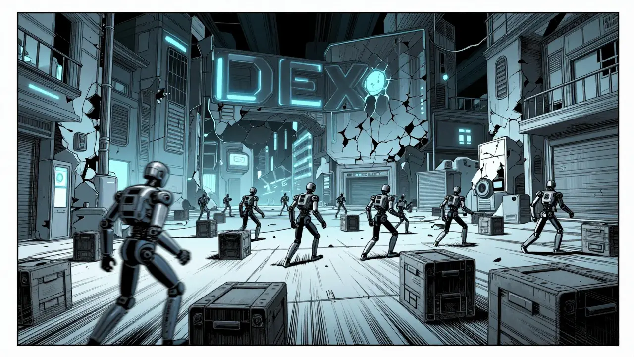 Robots shuffling crates in a decaying digital trading floor