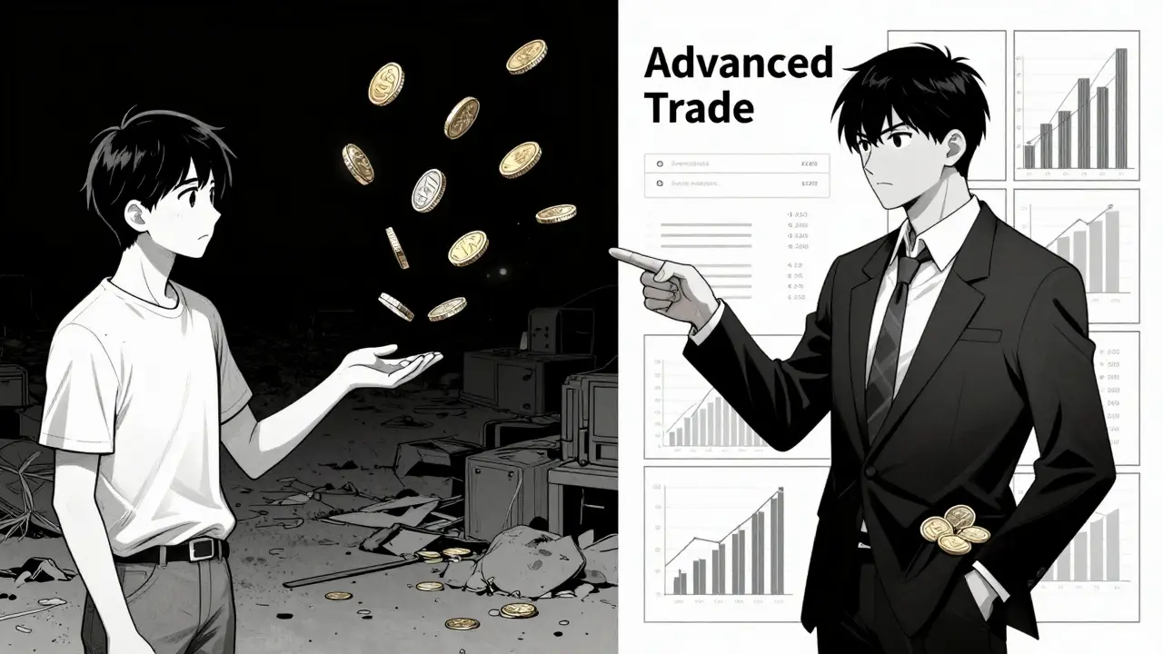 Split manga scene contrasting high fees on basic app vs low fees on advanced trade.