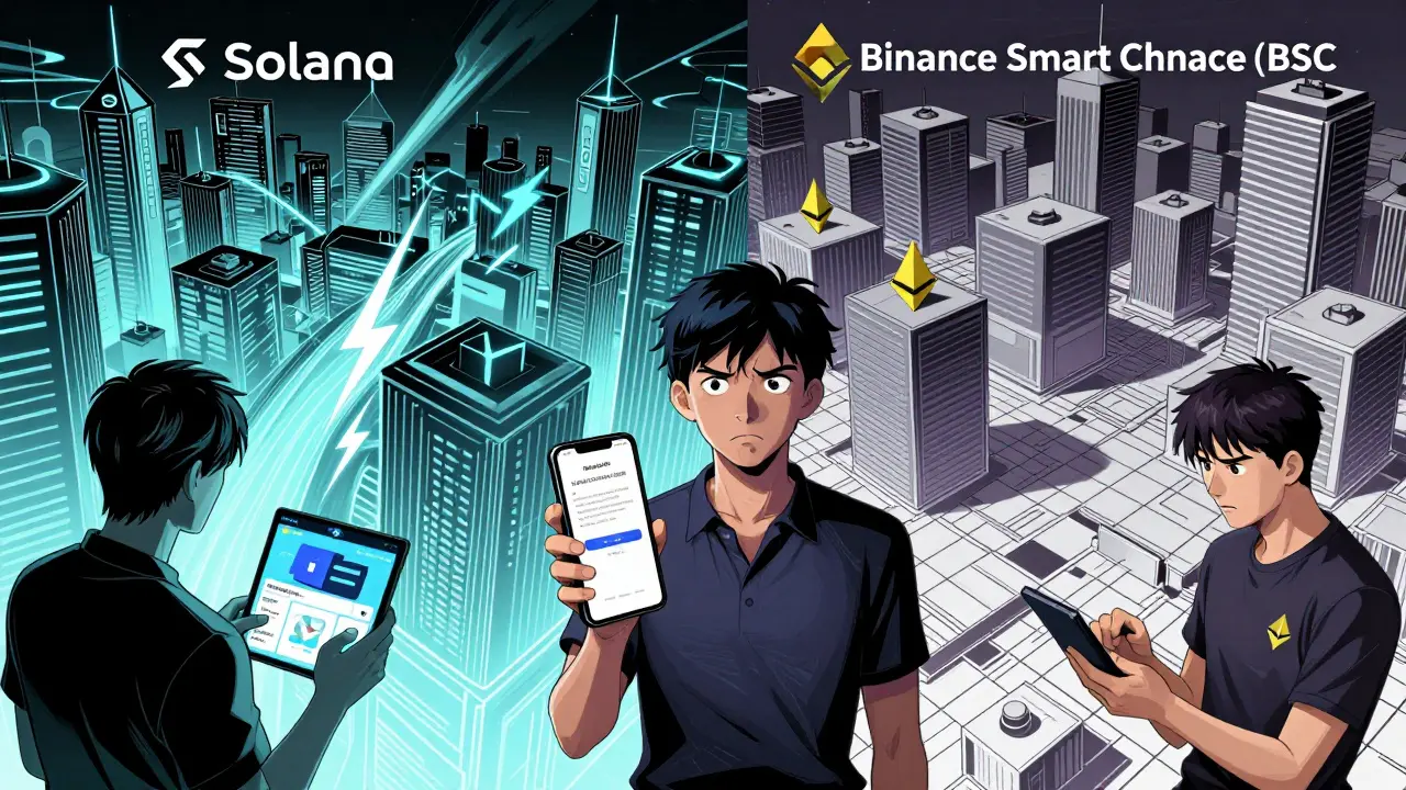 Split manga scene showing Solana and BSC blockchains with a trader choosing between them.