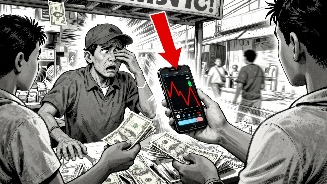 Stressed merchant refusing Bitcoin payments amidst market chaos in manga art