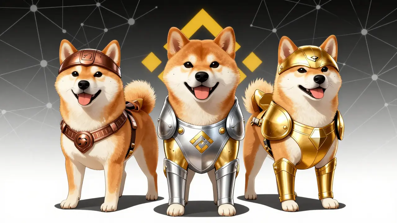 Three Shiba Inu NFTs in bronze, silver, and gold tiers standing heroically.