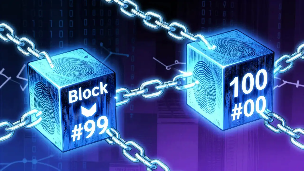 Two blockchain blocks linked by glowing hash chains in anime art