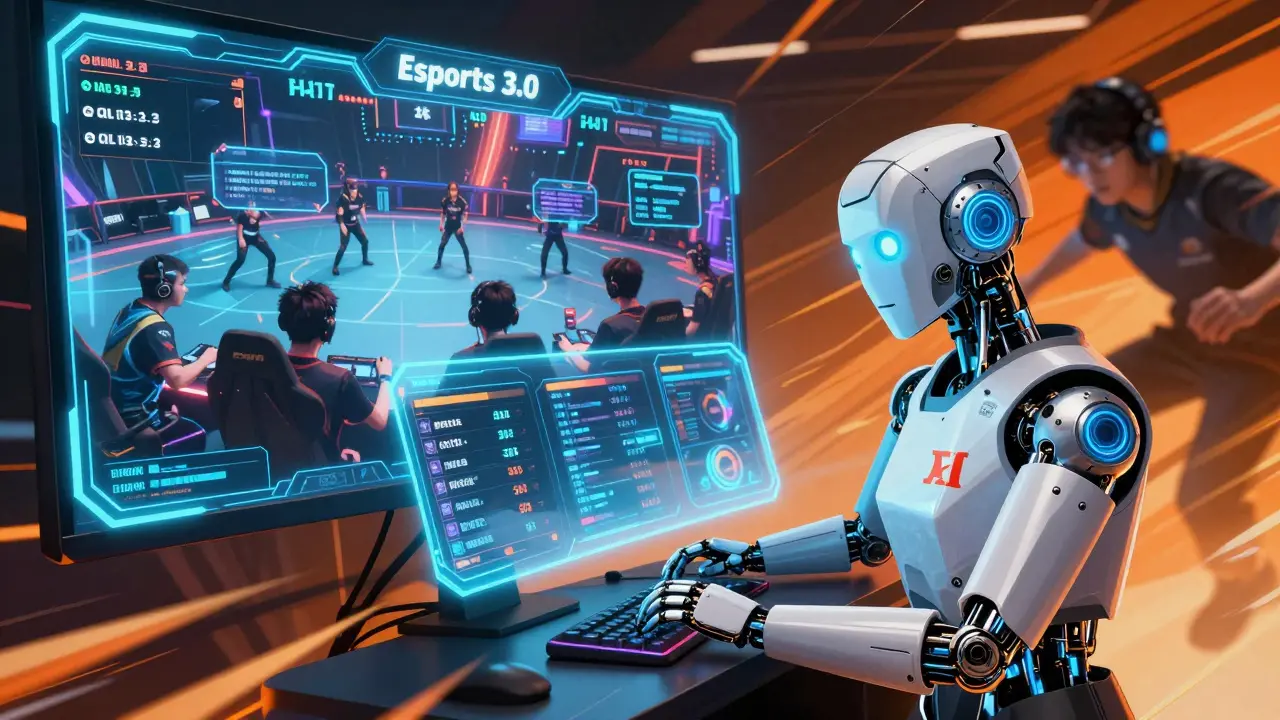 AI judges overseeing a futuristic esports tournament