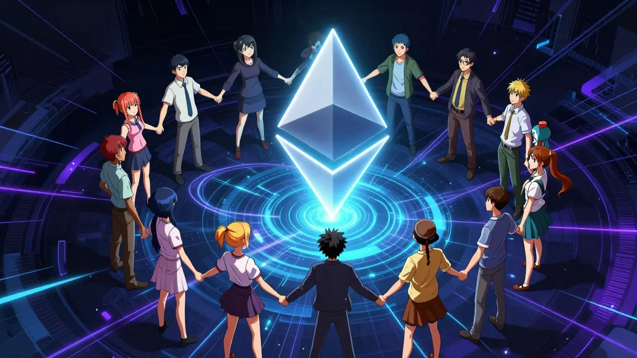 Anime characters forming a circle around a glowing Ethereum logo