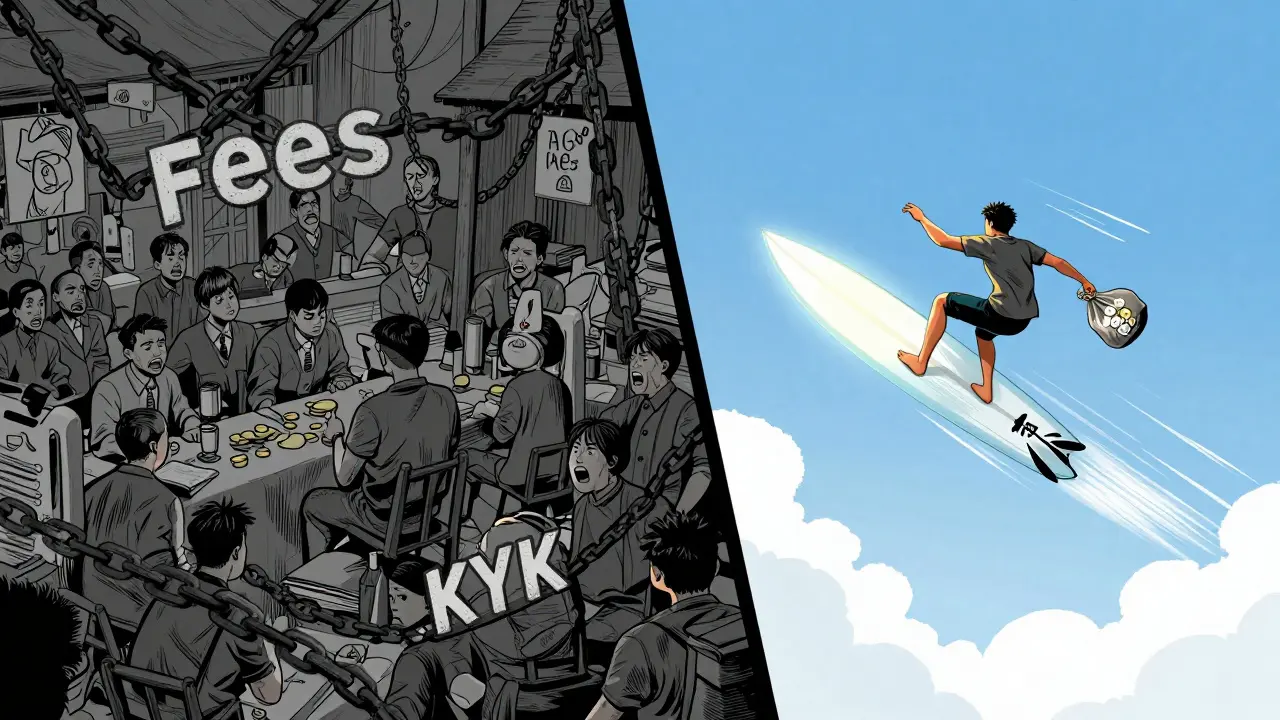 Anime comparison of restrictive exchanges vs free decentralized trading