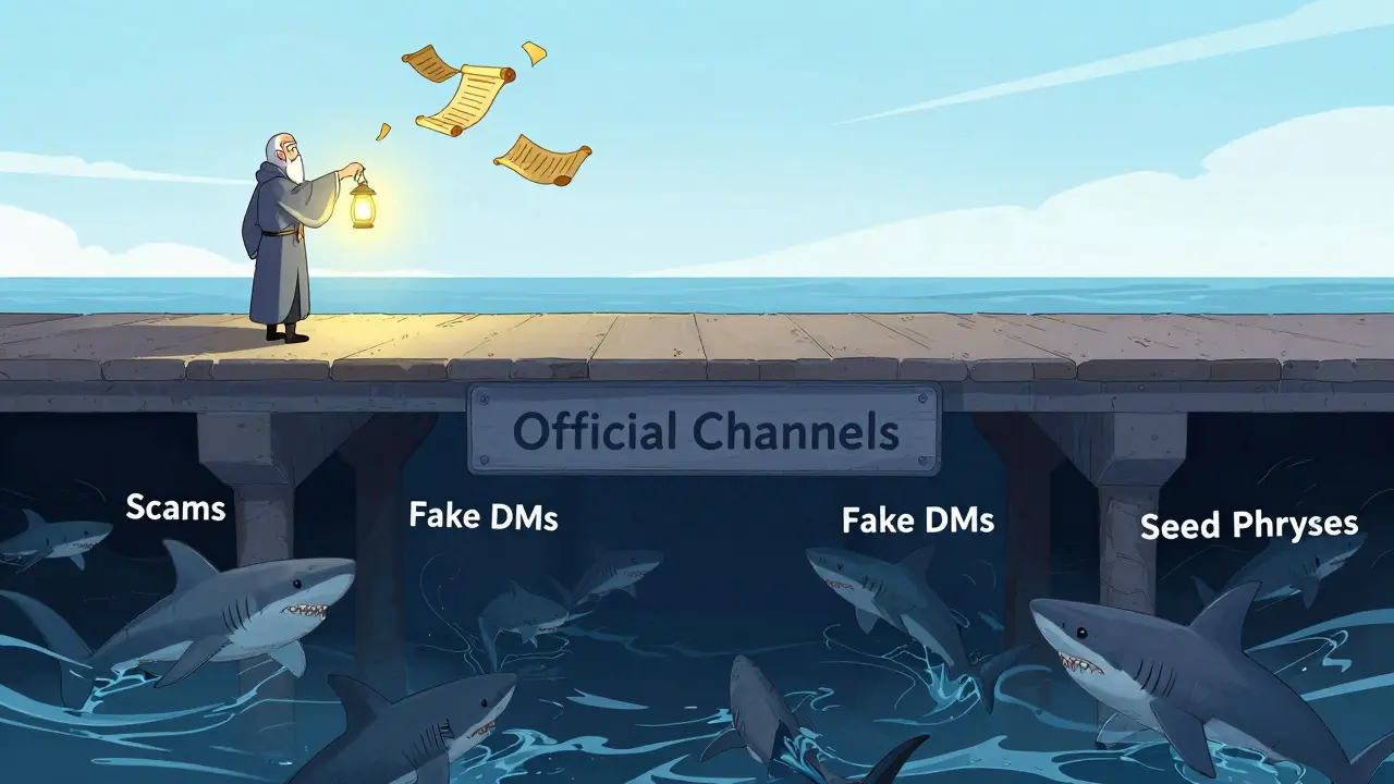 Anime guide showing safe path over crypto scam abyss