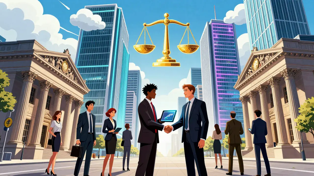 Anime scene of traditional banks and crypto firms collaborating in Germany