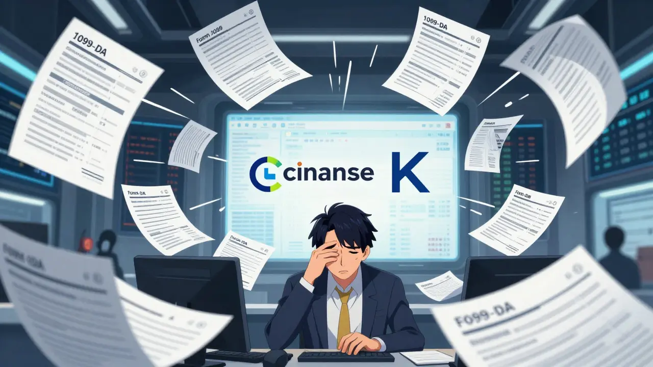 Anime style investor overwhelmed by swirling Form 1099-DA documents and data streams.