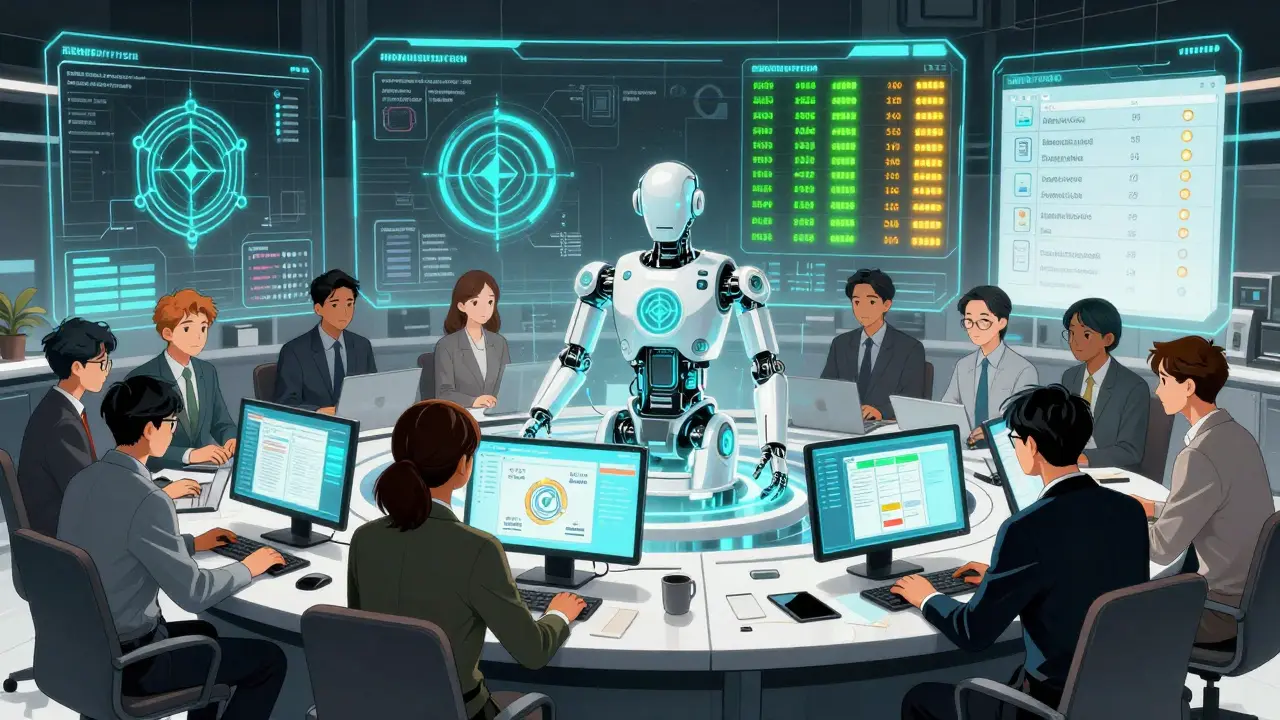 Anime style scene of a tech team using AI tools to manage automated compliance workflows.
