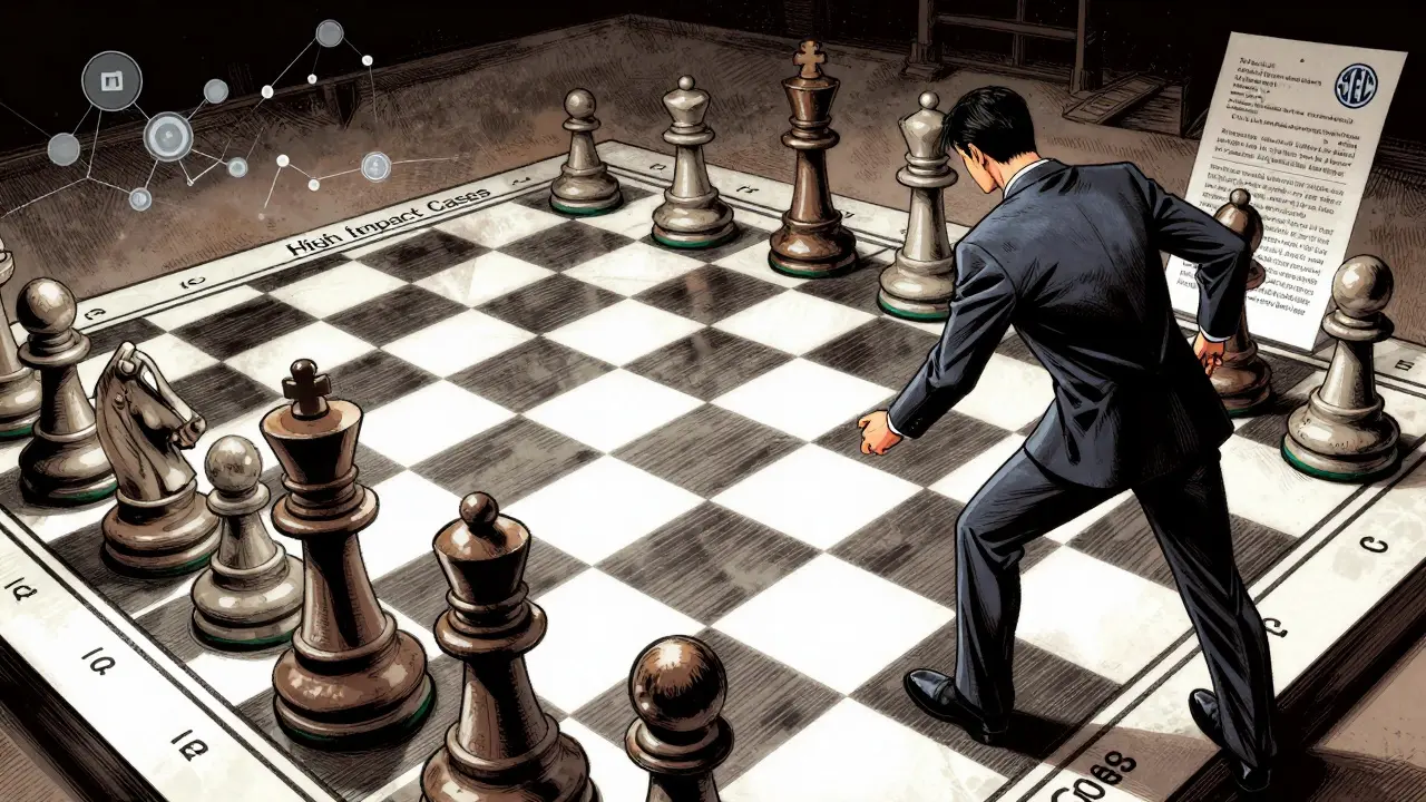 Chessboard metaphor showing fewer but larger SEC crypto cases