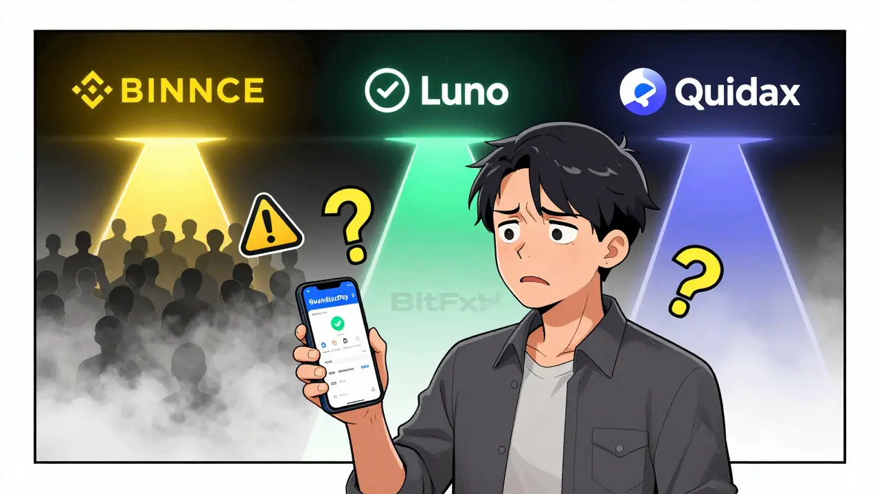 Confused user comparing crypto apps with alternatives like Binance and Luno