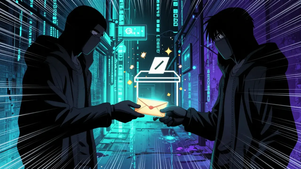 Covert bribe exchange between masked figures in cyber space