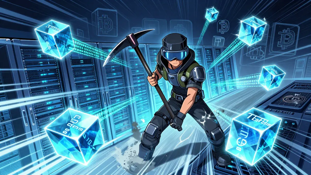 Cyberpunk manga scene showing TERA blockchain sharding and fast mining