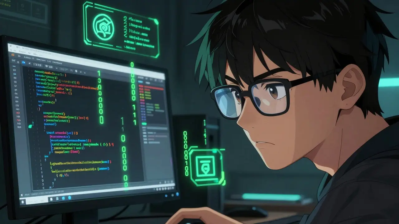 Developer coding for open source privacy projects in manga style