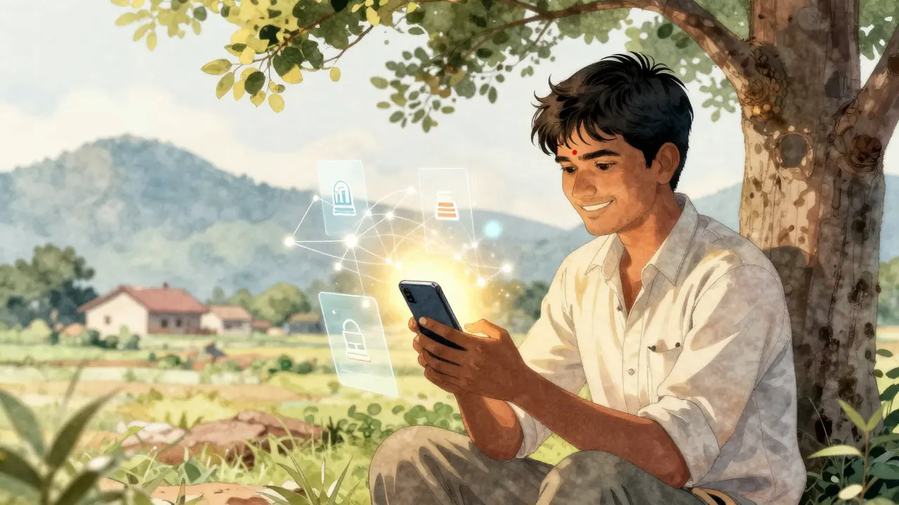Farmer using smartphone for DeFi access in rural setting, manga style