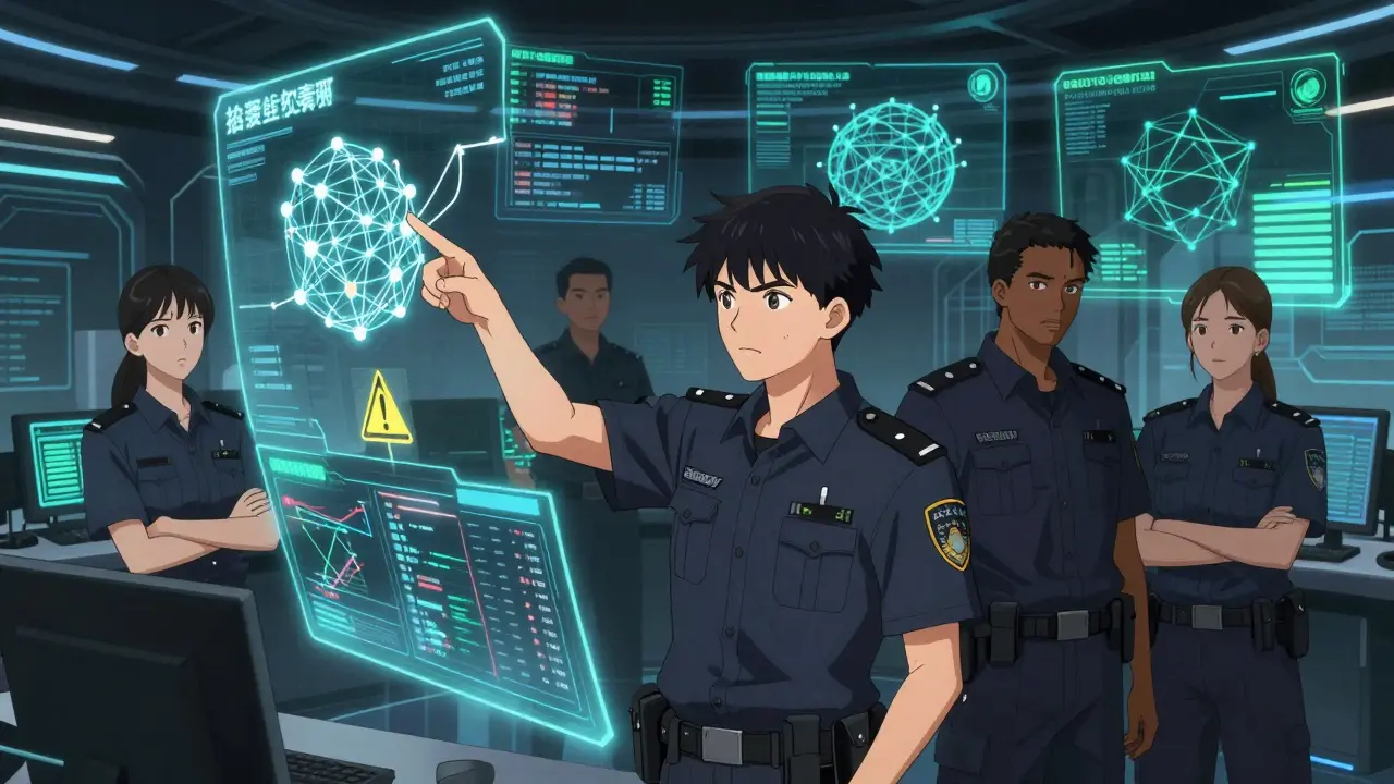 Investigators analyzing blockchain data in a high-tech command room