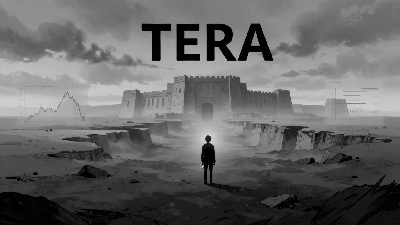 Lonely figure in barren digital landscape representing TERA crypto risks