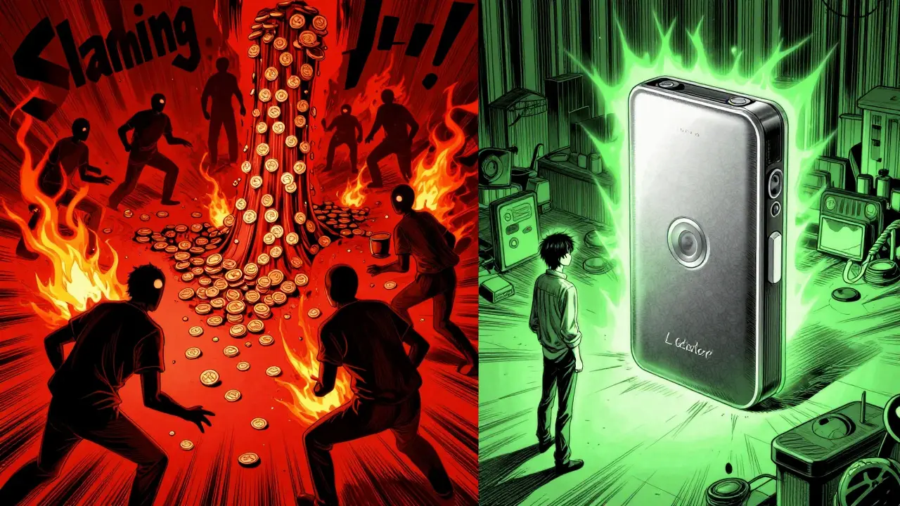 Manga art contrasting crypto slashing risks with secure self-custody wallets