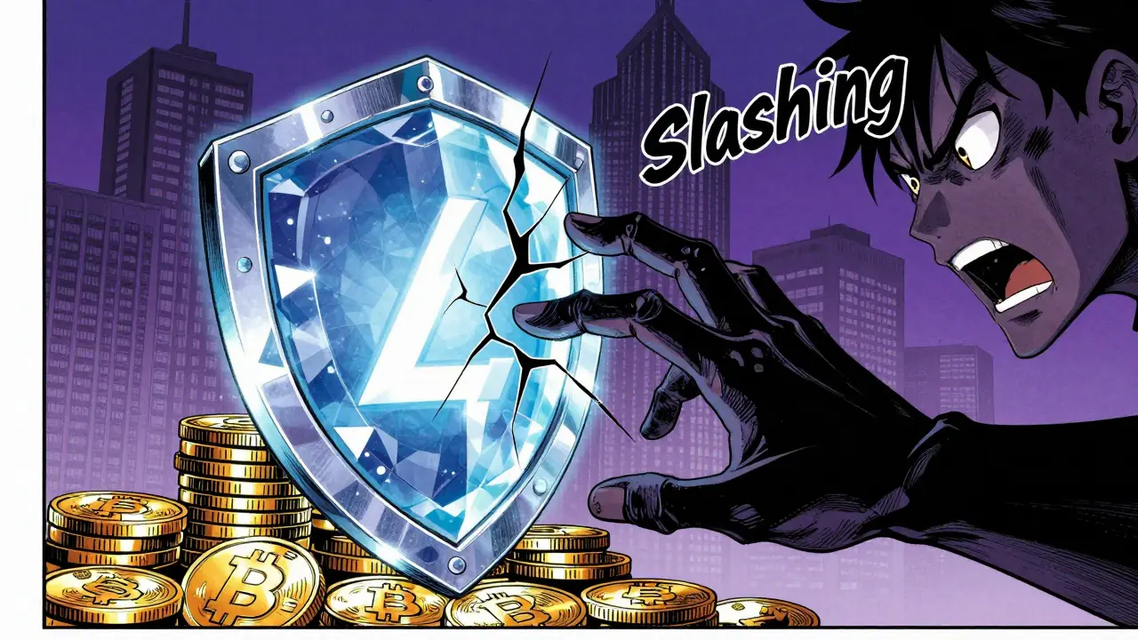 Manga art: glowing crystal shield protecting coins from a slashing hand, symbolizing staking risks.