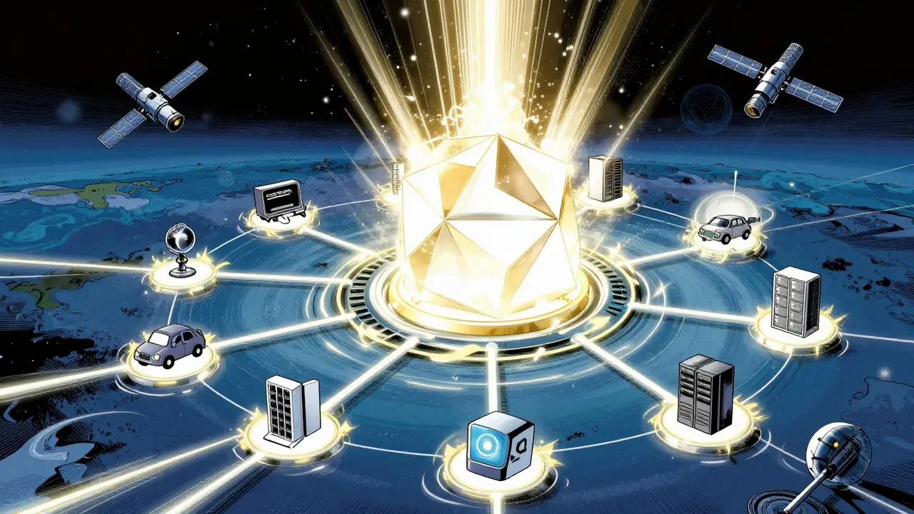 Manga art of a glowing blockchain network connecting global IoT devices and satellites.