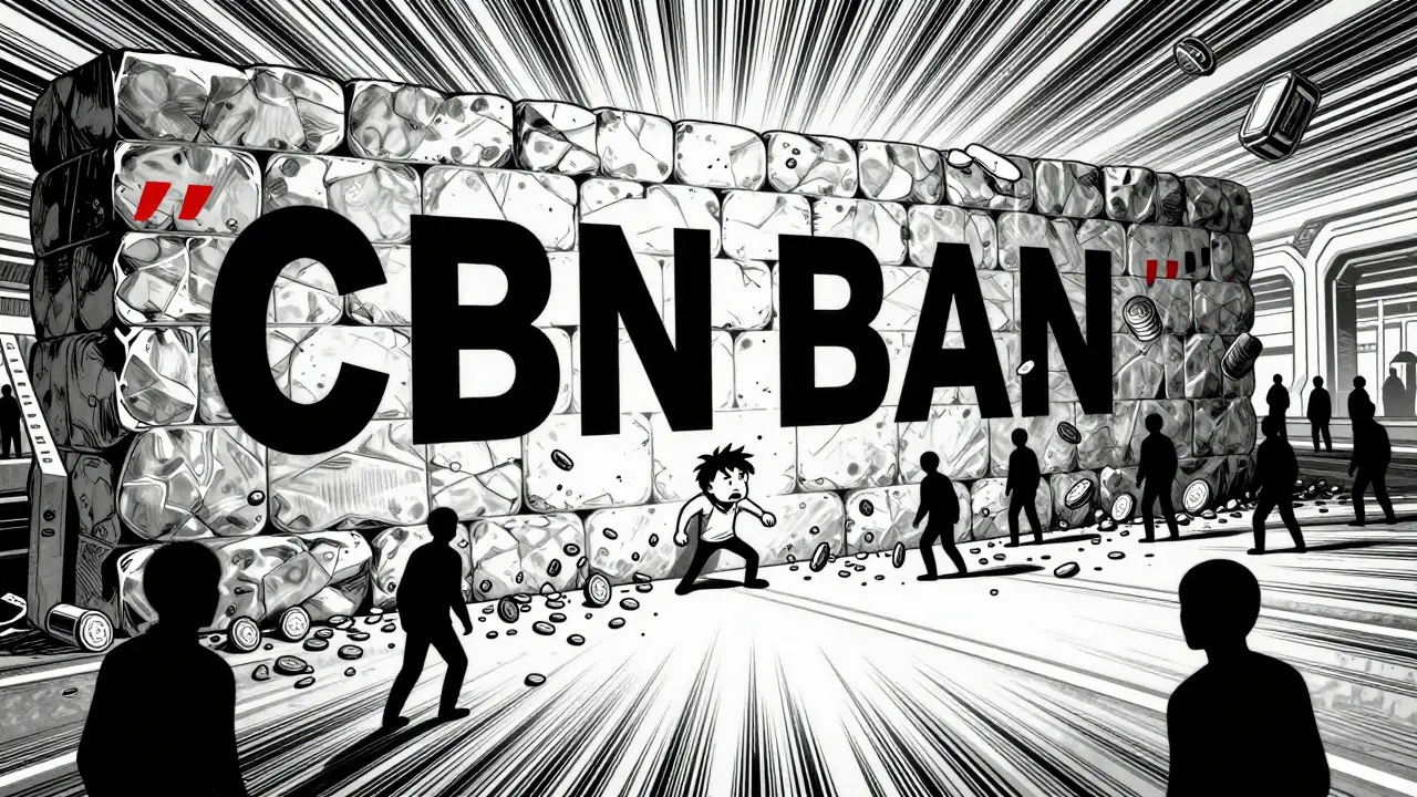 Manga art of a trader blocked by a large wall symbolizing banking regulations