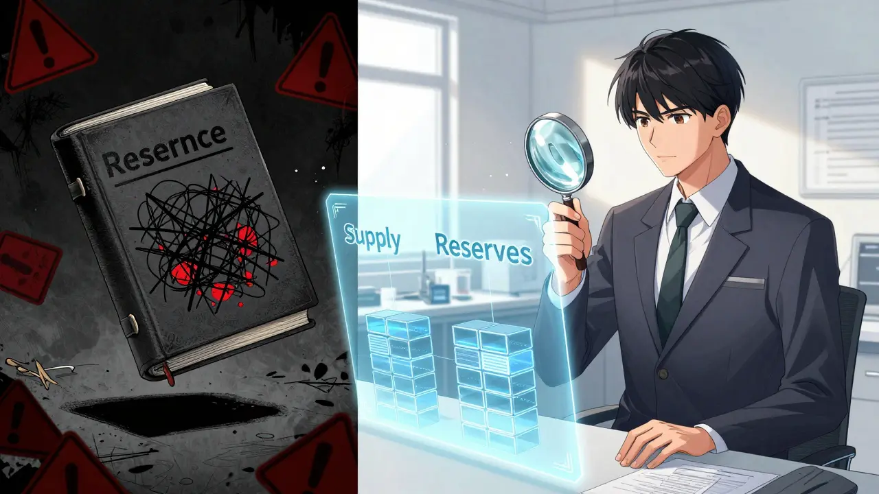 Manga illustration contrasting opaque ledgers with transparent reserve audits and verification.
