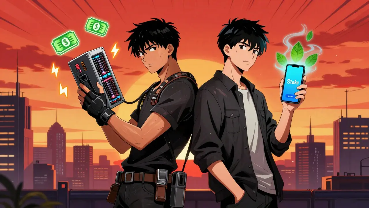 Manga illustration: miner with hardware vs staker with phone, contrasting crypto validation methods.