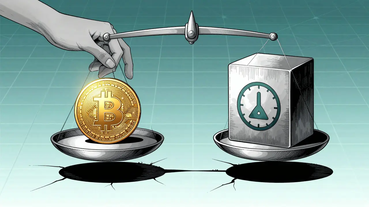 Manga illustration of a balanced scale representing stable Bitcoin mining