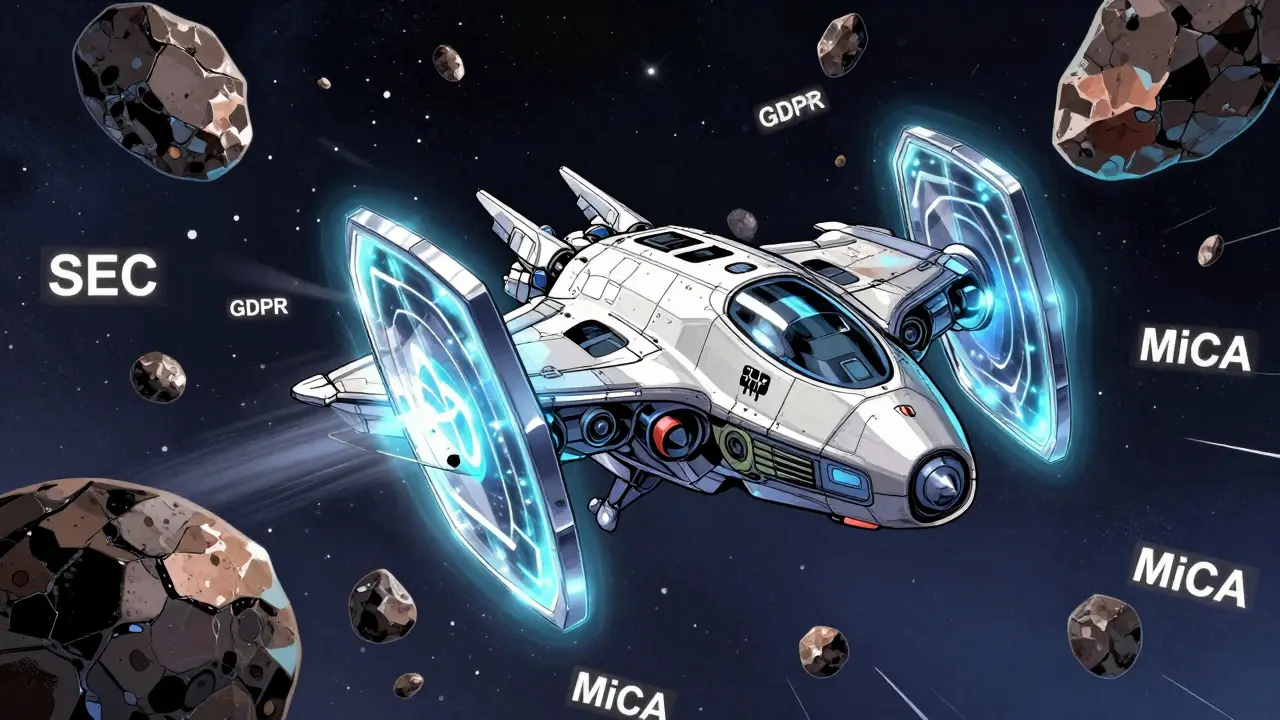 Manga illustration of a spaceship navigating through a field of fragmented legal barriers.