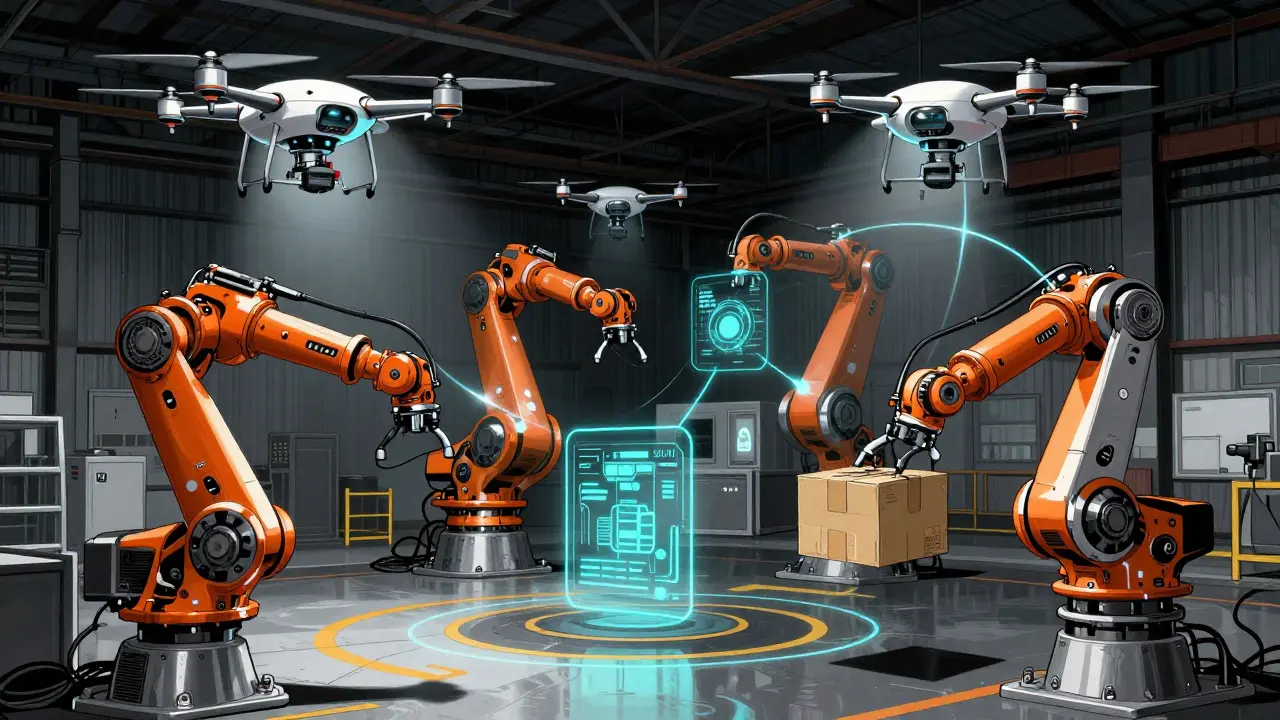 Manga illustration of autonomous robots and drones exchanging data in a warehouse.