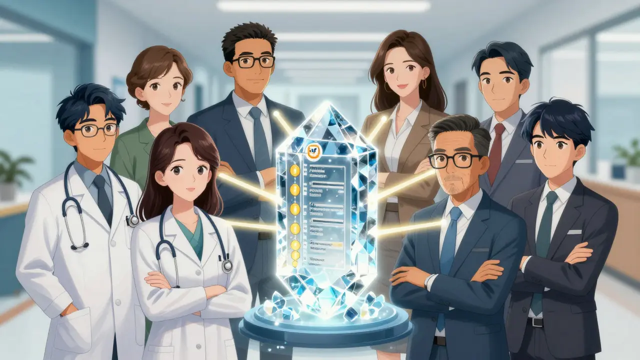 Manga illustration of professionals sharing a secure decentralized ledger