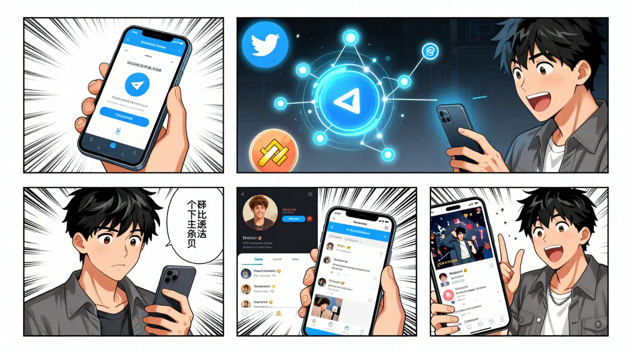 Manga panels showing app download, wallet connection, and social tasks