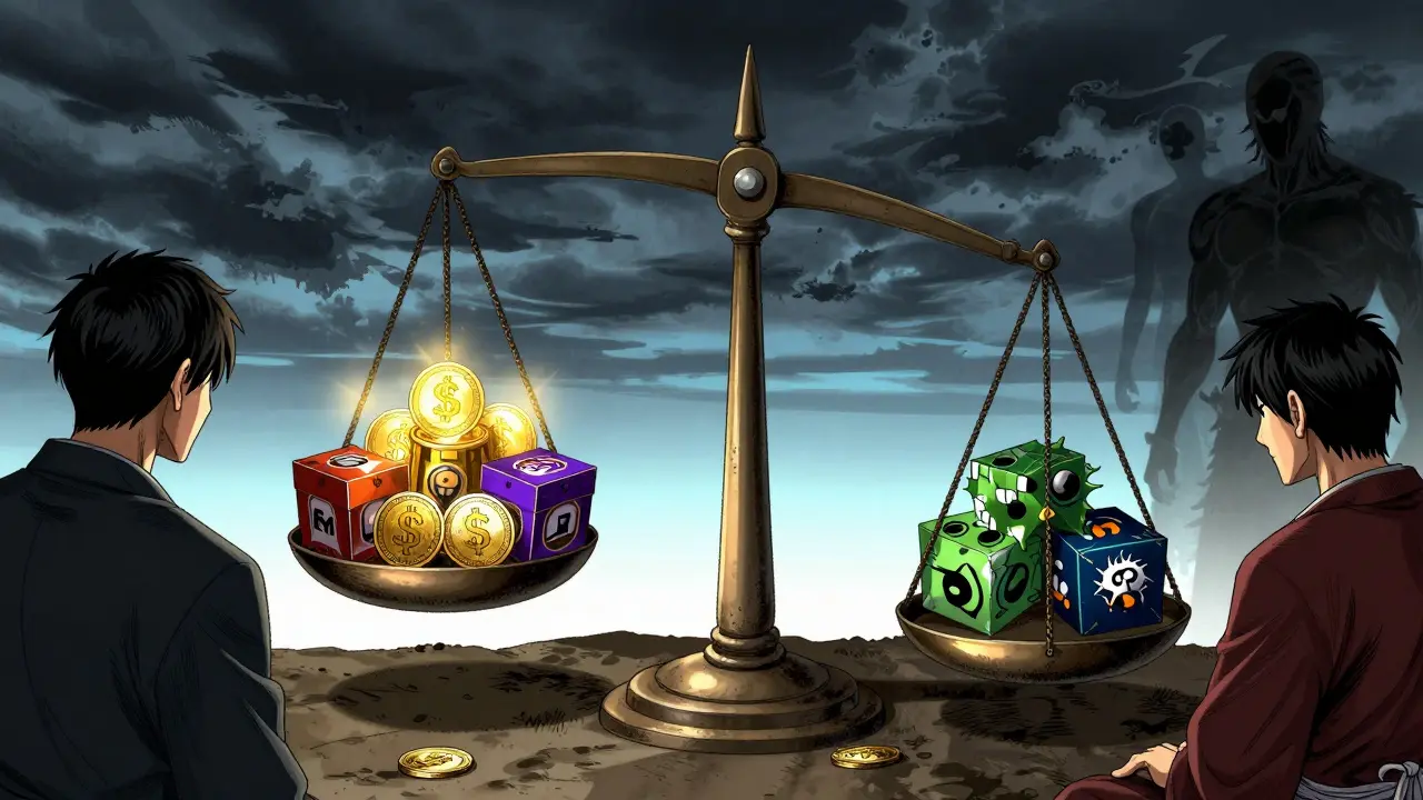 Manga scale balancing crypto rewards against shadowy risk factors