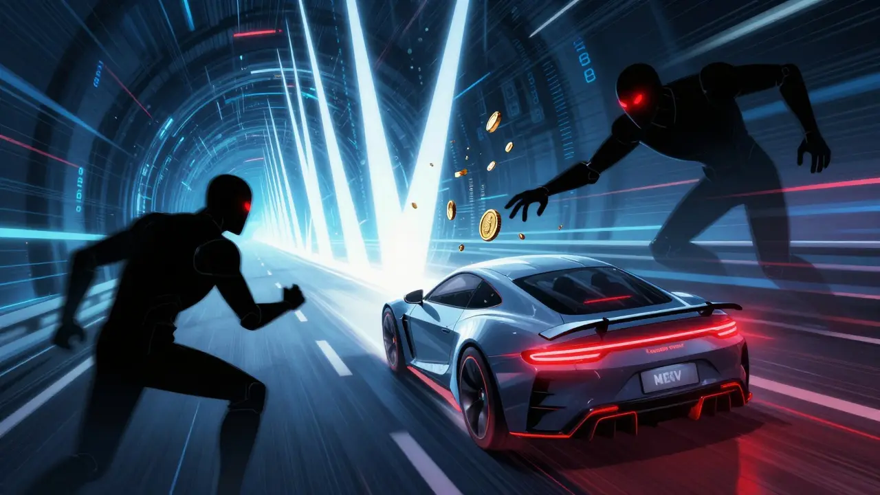 Manga style: Car racing through light tunnels while shadow bots lurk nearby