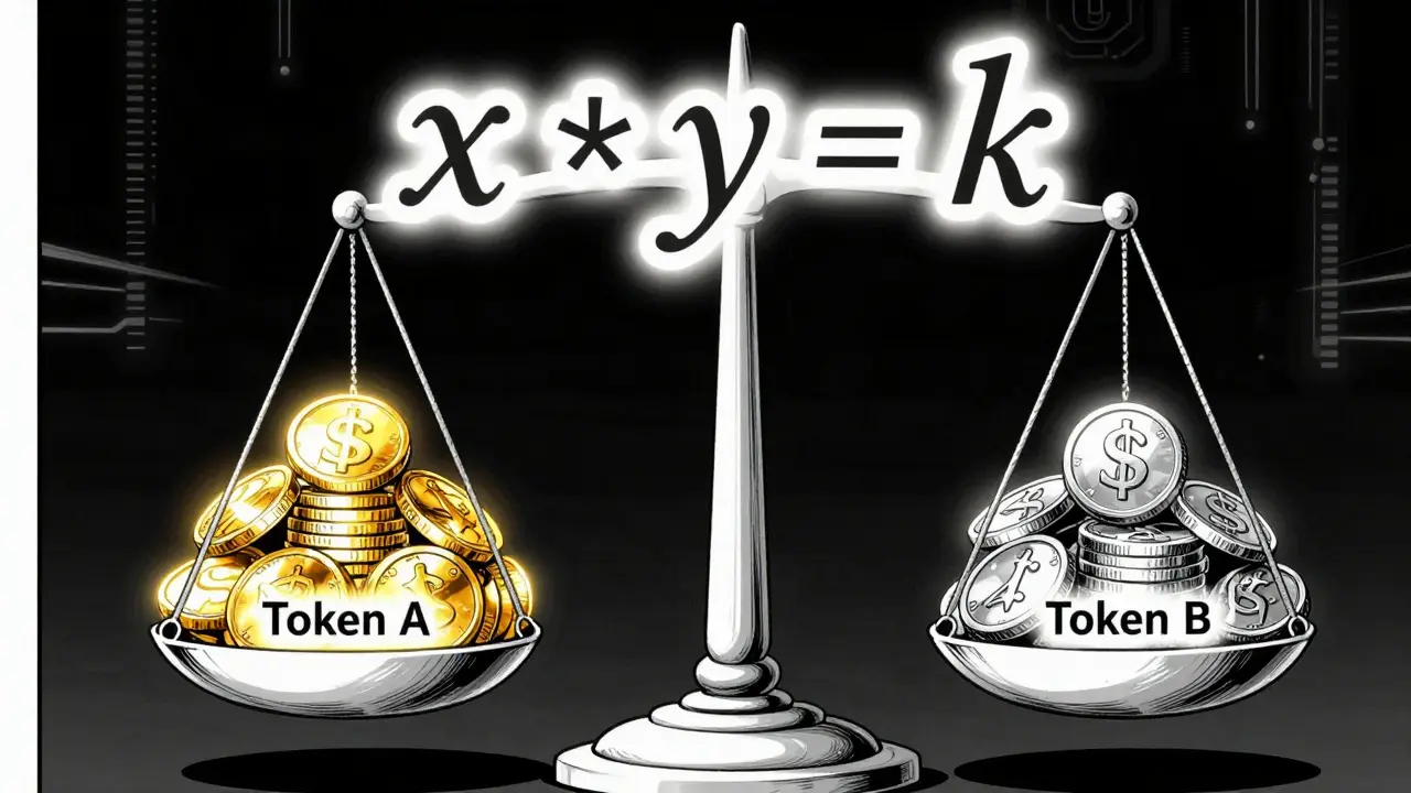 Manga style: Glowing balance scale with x*y=k formula and crypto tokens