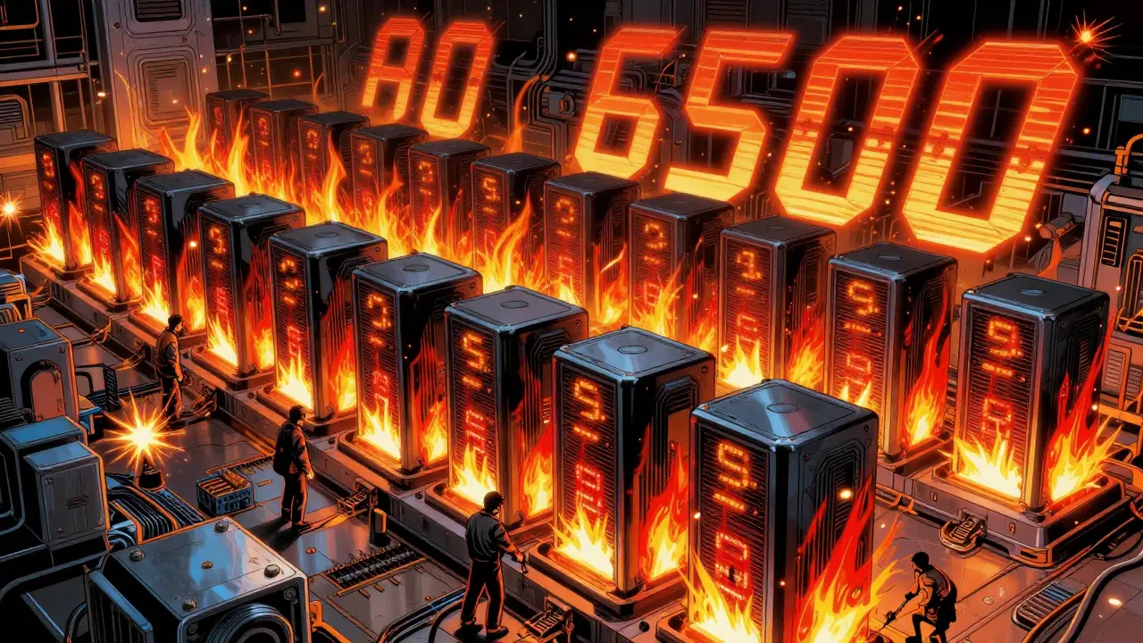Manga style rows of powerful ASIC miners generating intense heat