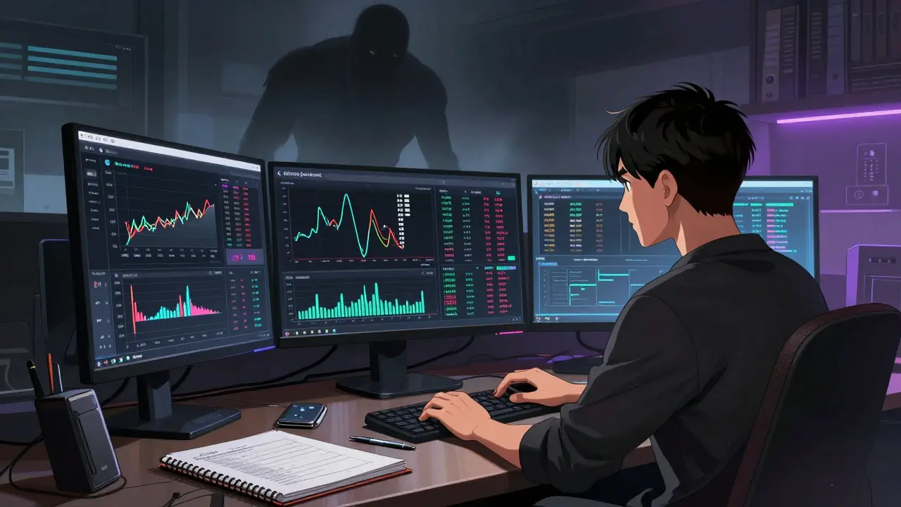 Manga style user managing complex DeFi transactions with a looming shadow in background.
