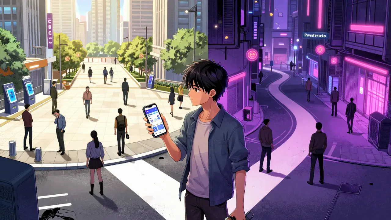 Person choosing between CBDC plaza and crypto alley