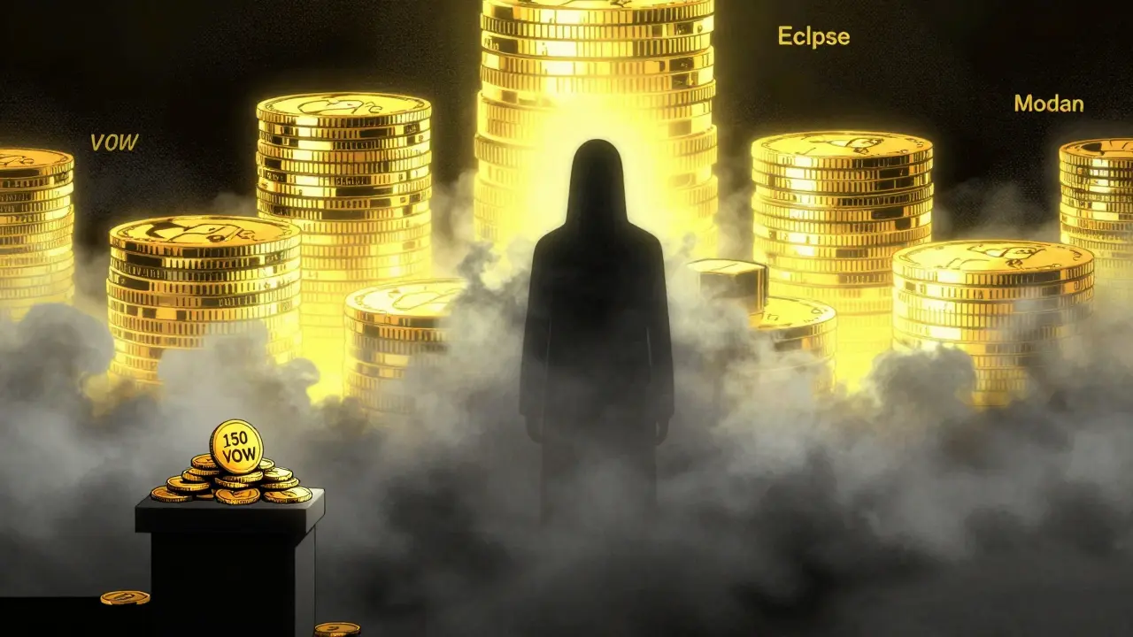 Shadowy figure behind fog represents VOW's lack of transparency and small rewards.