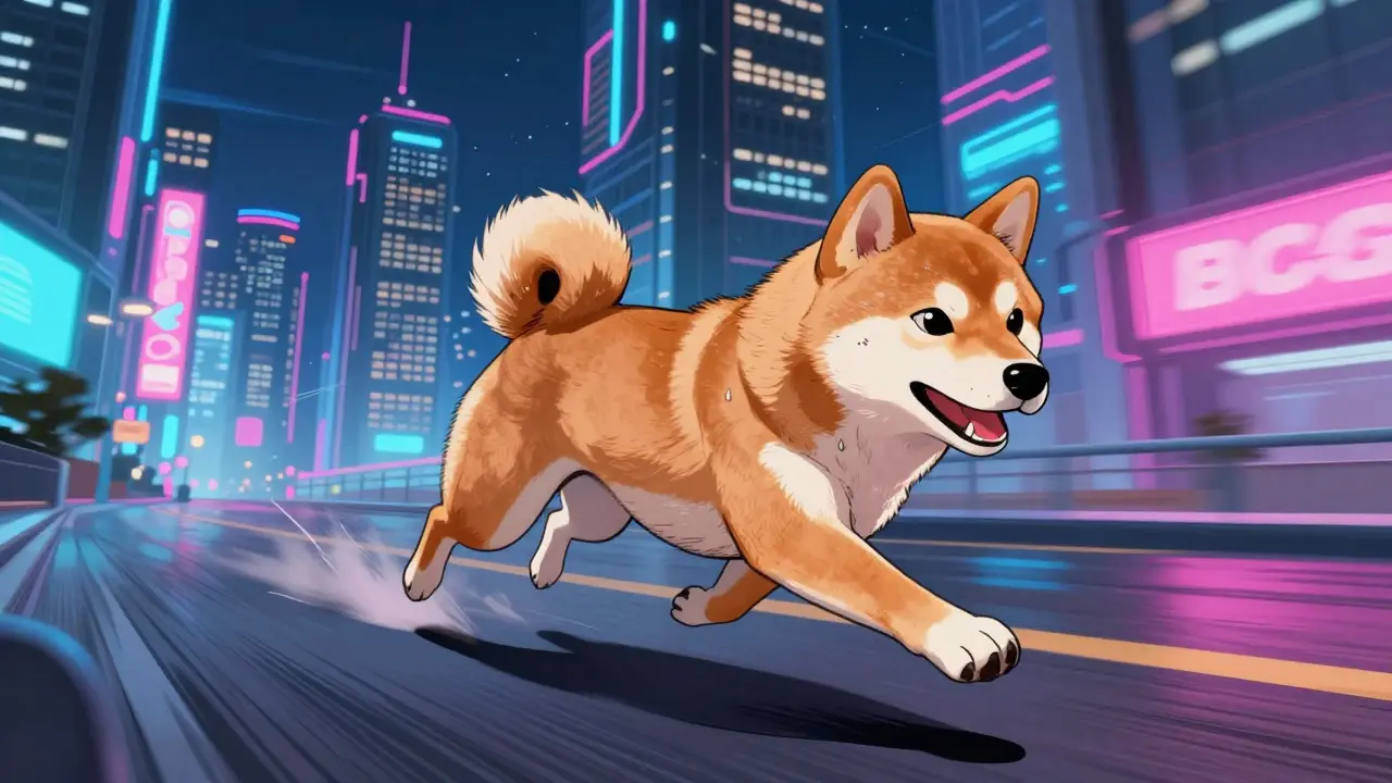 Shiba Inu running fast through a neon-lit futuristic city