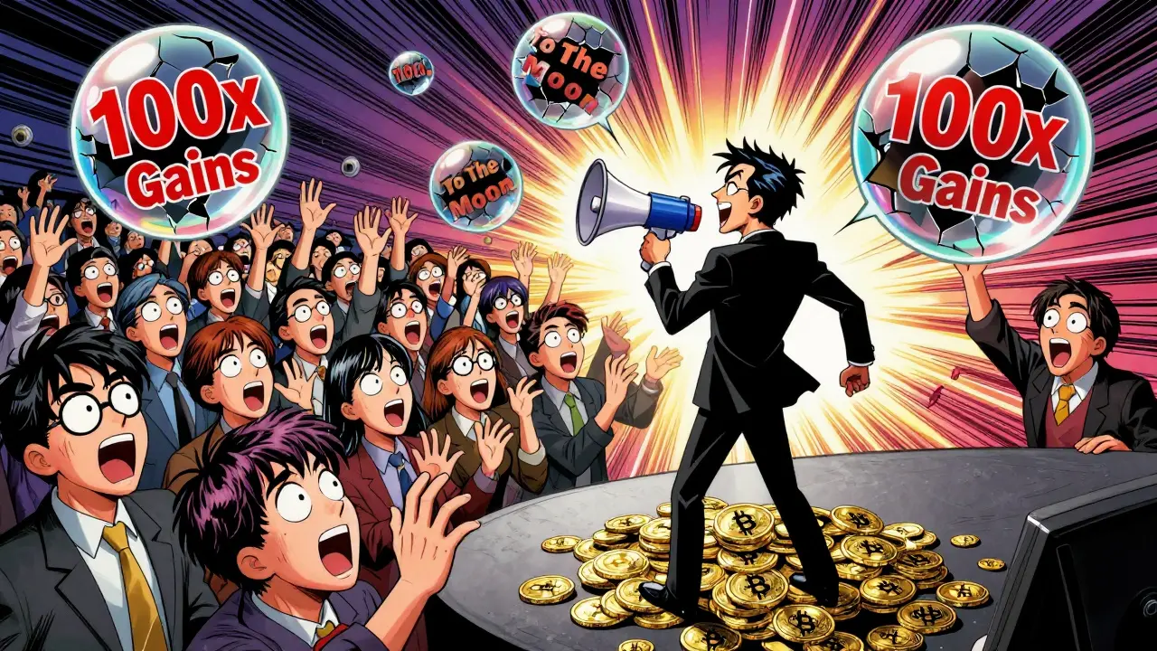Sinister influencer hyping crowd with fake promises in manga art