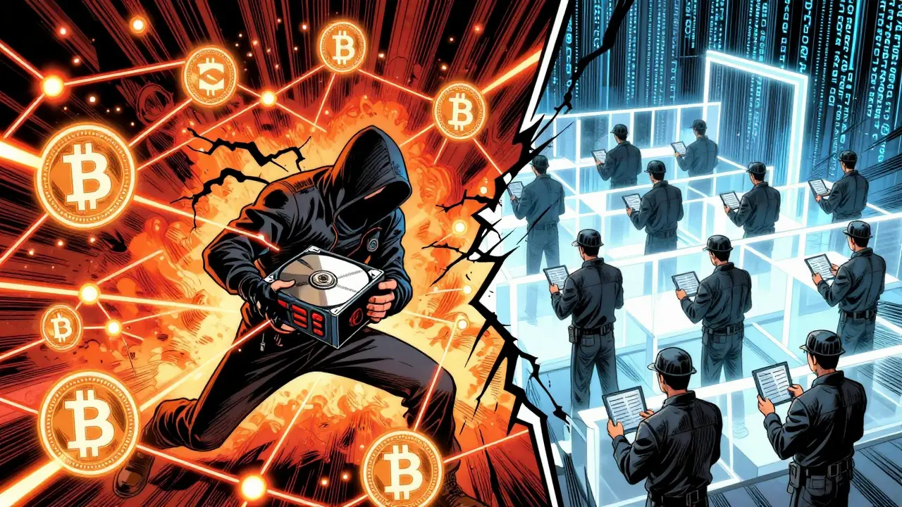 Split screen showing chaotic crypto vs regulated CBDC systems