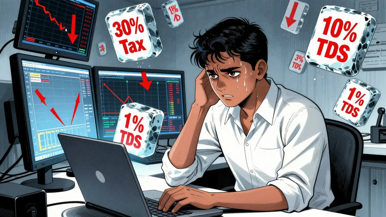 Stressed anime trader overwhelmed by floating blocks representing 30% crypto taxes