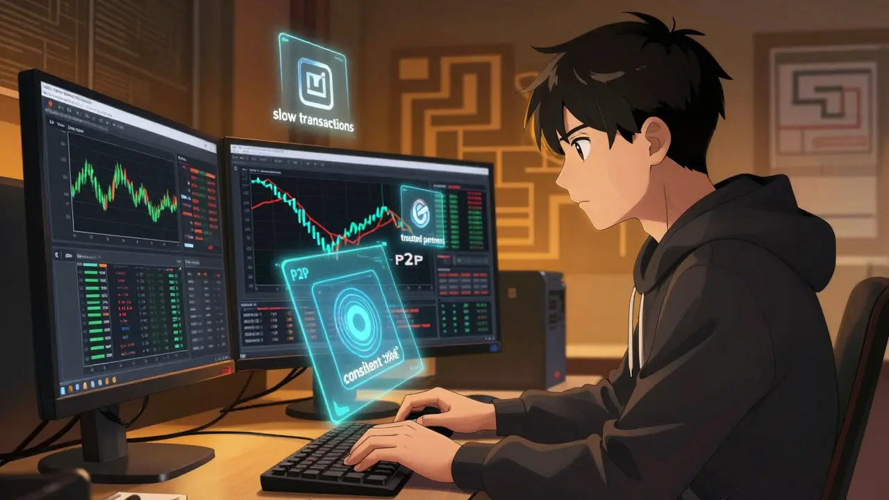 Trader analyzing crypto strategies on computer screens