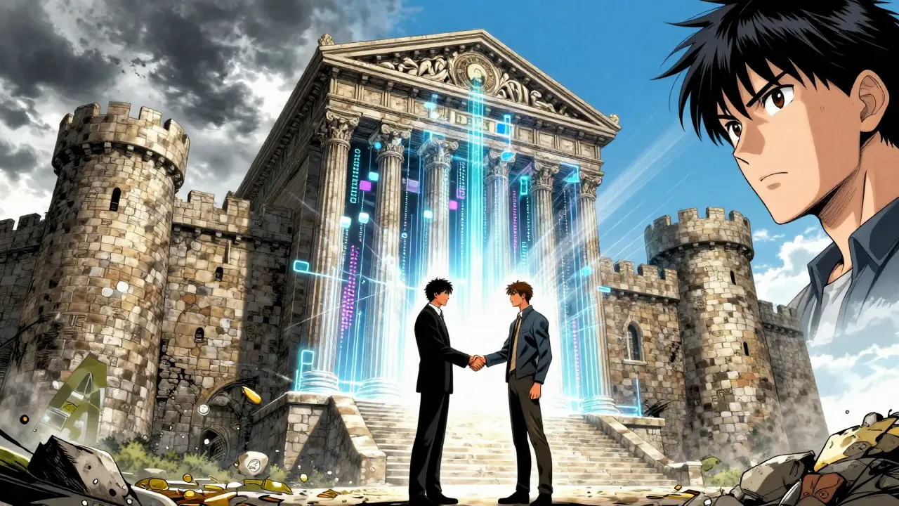 Traditional bank merging with blockchain tech, handshake scene