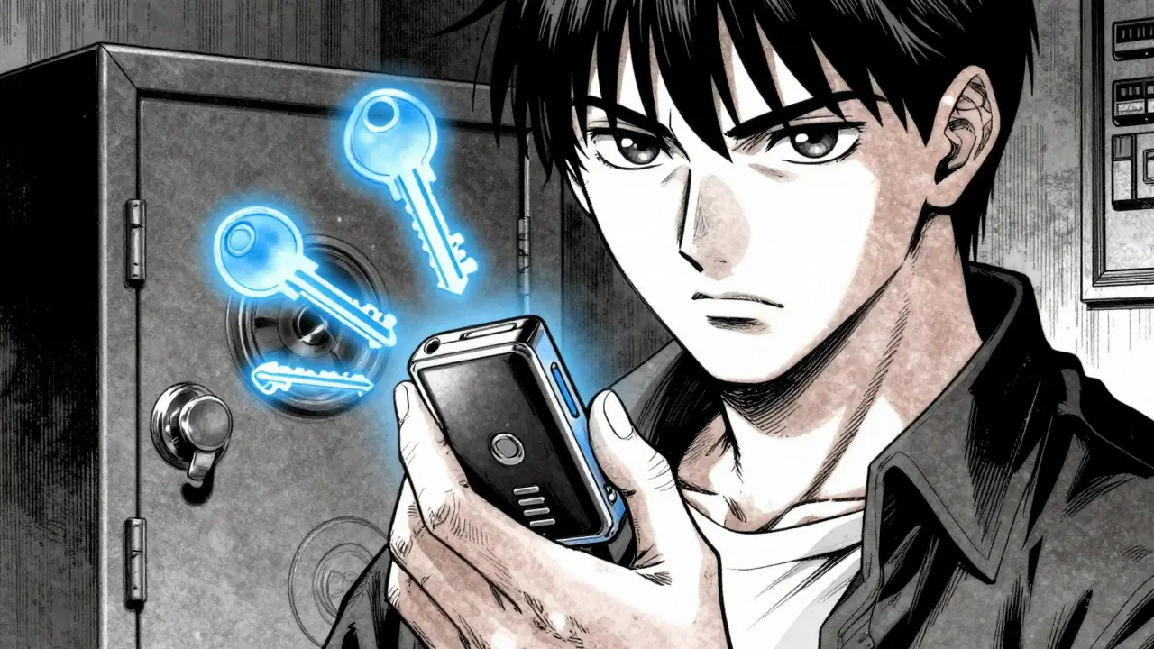 A person holding a hardware wallet securely in a manga-style illustration.